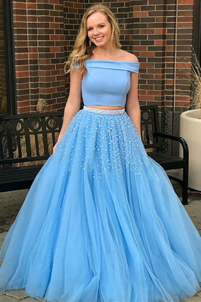 Two Piece Off-the-Shoulder Sweep Train Open Back Blue Tulle Prom Dress with Beading LR241