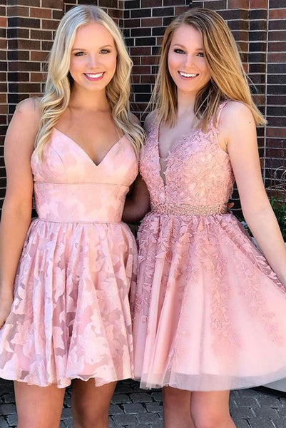 Stylish A Line V Neck Pink Short Homecoming Dresses with Appliques PDA097 | ballgownbridal