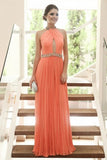 A-Line Jewel Floor-Length Coral Chiffon Keyhole Prom Dress with Beading LR199