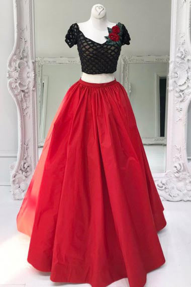 Two Piece V-Neck Floor-Length Short Sleeves Red Organza Prom Dress with Flowers AHC670 | ballgownbridal