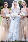 A-Line Sweetheart Floor-Length Champagne Tulle Bridesmaid Dress with Appliques AHC636 
