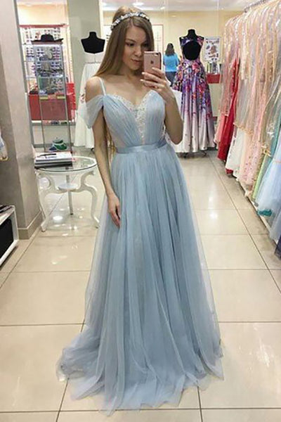 A-Line Square Cold Shoulder Sweep Train Light Blue Tulle Prom Dress with Pleats LR382