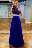 Two Piece Jewel Floor-Length Royal Blue Chiffon Prom Dress with Lace Pockets LR55