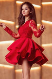 Red Lace Satin Mini Prom Dress With Long Sleeve PDA248 | ballgownbridal