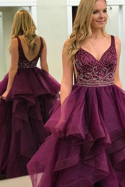 A-Line Deep V-Neck Sweep Train Purple Tulle Backless Beaded Prom Dress with Ruffles LR111