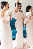 Mermaid Off-the-Shoulder Sweep Train Pearl Pink Satin Bridesmaid Dress with Ruffles AHC630