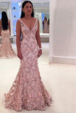 Mermaid Deep V-Neck Sweep Train Pink Lace Backless Sleeveless Prom Dress LR450 | ballgownbridal
