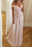 A-Line Off-the-Shoulder Sweep Train Pearl Pink Tulle Prom Dress with Appliques LR318