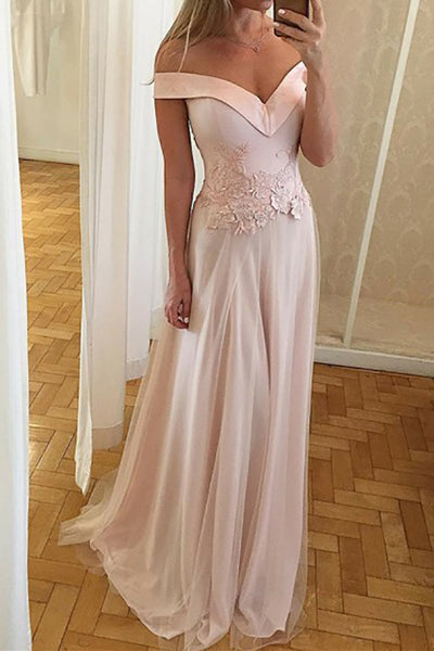 A-Line Off-the-Shoulder Sweep Train Pearl Pink Tulle Prom Dress with Appliques LR318