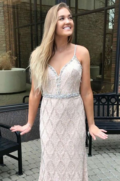 Mermaid Spaghetti Straps Sweep Train Beige Lace Backless Prom Dress with Beading Feathers LR121
