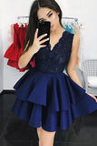 Navy Blue V-neck Sequin Lace Bodice Homecoming Dress with Tiered Skirt ODA014 | ballgownbridal