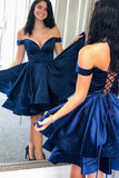 Royal Blue Satin Off Shoulder Short Prom Dress PDA438 | ballgownbridal