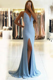 Mermaid V-Neck Backless Sweep Train Blue Prom Dress with Split PDA404 | ballgownbridal