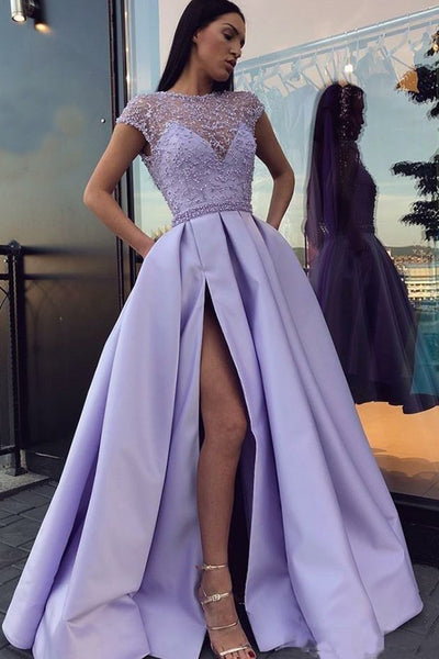A-Line Crew Cap Sleeves Open Back Lilac Beaded Long Prom Dress with Pockets Split PDA257 | ballgownbridal