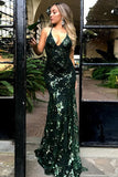 Mermaid Deep V-Neck Sweep Train Criss-Cross Straps Dark Green Sequined Prom Dress LR456 | ballgownbridal