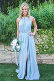 A-Line Jewel Floor-Length High Split Blue Chiffon Sleeveless Bridesmaid Dress AHC649 | ballgownbridal