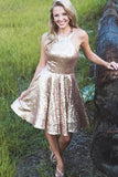 Bling A Line Halter Gold Sequins Short Homecoming Dresses with Ruffles PDA107 | ballgownbridal