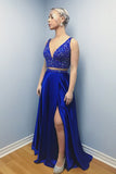 Two Piece V-Neck Sweep Train Royal Blue Prom Dress with Beading Split LR29