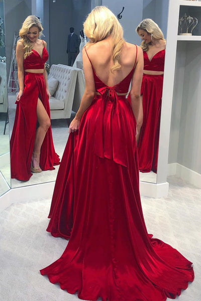 Two Piece Spaghetti Straps Backless Sweep Train Red Prom Dress with Split LR1 | ballgownbridal