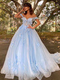 Blue Tulle Off Shoulder Applique Sweep Train  Ball Gown Dress EB6295