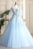 Floor Length Blue V-neck Lace Flowers Long Prom Dress DY3490