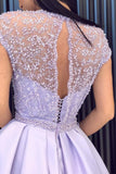A-Line Crew Cap Sleeves Open Back Lilac Beaded Long Prom Dress with Pockets Split PDA257 | ballgownbridal