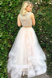 Two Piece Bateau Sweep Train White Tulle Sleeveless Prom Dress with Beading LR167