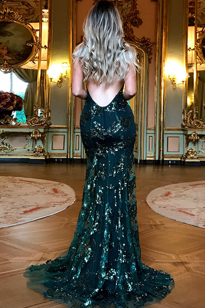 Mermaid Deep V-Neck Sweep Train Criss-Cross Straps Dark Green Sequined Prom Dress LR456