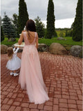 A-Line V-Neck Backless Sweep Train Pink Prom Dress with Appliques PDA351 | ballgownbridal