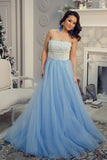 A-Line Strapless Floor-Length Light Blue Prom Dress with Lace Beading LR37