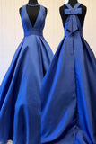 A-Line Deep V-Neck Court Train Royal Blue Satin Prom Dress with Bowknot LR352
