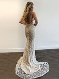 Mermaid V-Neck Sweep Train Silver Lace Prom Dress with Sequins PDA406 | ballgownbridal