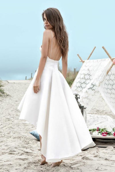 Simple White V-Neck Sleeveless Spaghetti Straps High Low Beach Wedding Dress with Pockets AHC566
