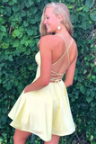 A-line Satin Fit and Flare Yellow Homecoming Dress with Pockets LR9
