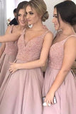 A-Line Deep V-Neck Floor-Length Blush Satin Bridesmaid Dress with Beading AHC606