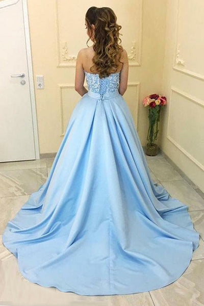A-Line Sweetheart Court Train Blue Satin Prom Dress with Appliques Pockets LRA364