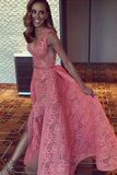 Mermaid Deep V-Neck Floor-Length Split Detachable Watermelon Lace Prom Dress AHC499