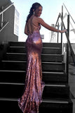 Mermaid Deep V-Neck Criss-Cross Straps Sweep Train Pink Sequines Prom Dress LR317