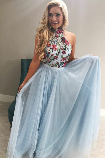 A-Line High Neck Floor-Length Blue Tulle Prom Dress with Embroidery Lace LRA232