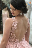 A-Line Deep V-Neck Sweep Train Pink Tulle Open Back Prom Dress with Appliques LR100