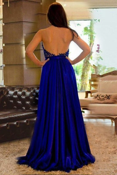 A-Line Sweetheart Split Royal Blue Satin Prom Dress with Appliques Beading LR314