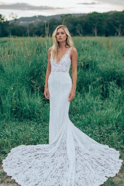 Charming V Neck Sheath Wedding Gowns,Sweep Train Appliques Wedding Dress  AHC567