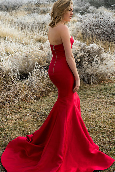 Mermaid Strapless Sweep Train Red Satin Sleeveless Split Pleats Prom Dress LR71