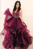 A-Line Deep V-Neck Sweep Train Purple Tulle Backless Beaded Prom Dress with Ruffles LR111