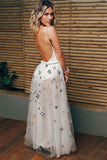 A-Line Crew Floor-Length White Tulle Backless Prom Dress with Appliques LR179
