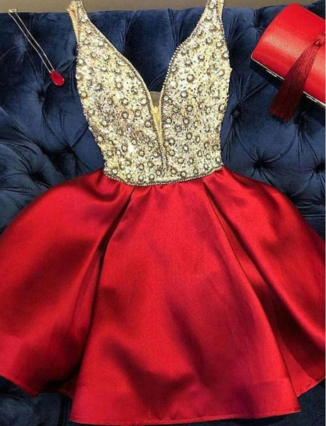 Stylish A Line Deep V Neck Red Short Homecoming Dresses with Beading PDA112 | ballgownbridal