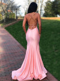 Mermaid Spaghetti Straps Lace Up Pink Satin Sweep Train Prom Dress PDA388 | ballgownbridal