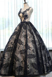 Ball Gown Crew Court Train Black Lace Sleeveless Prom Dress with Appliques AHC517