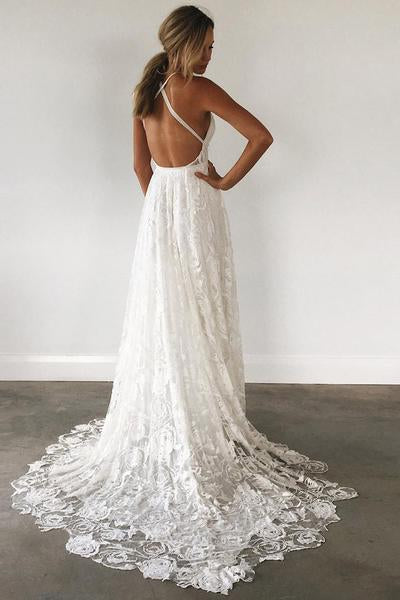 A Line Court Train Halter Sleeveless Backless Side Slit Cheap Wedding Gown AHC560 | ballgownbridal