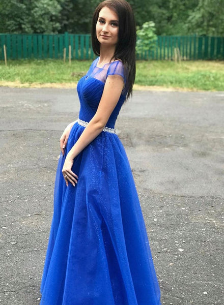 Royal Blue Tulle Cap Sleeve Long Prom Dress With Slit PDA441 | ballgownbridal